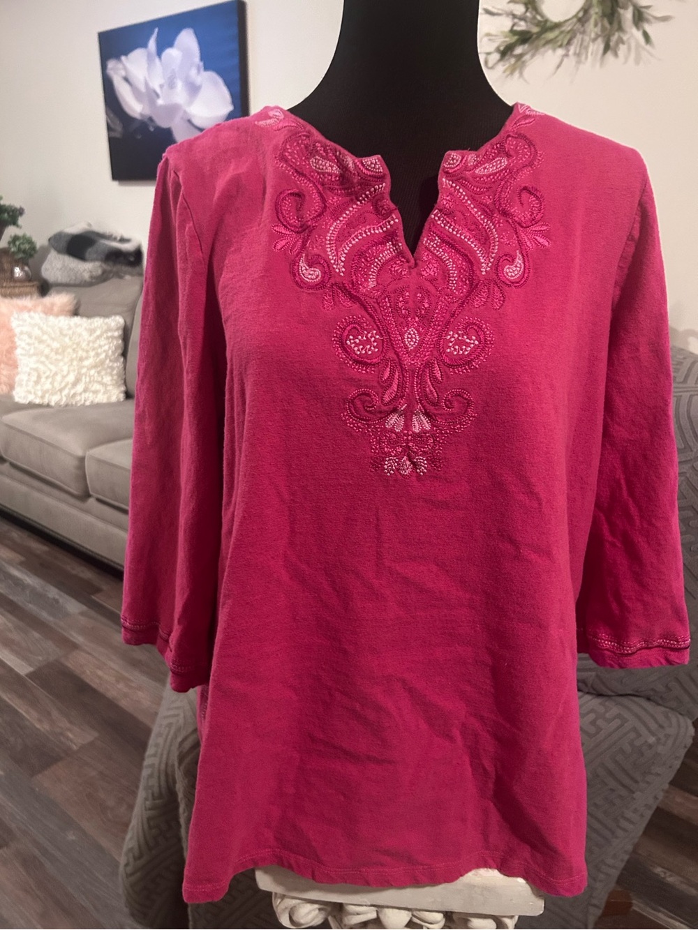 $19 sale Chico's Pink Tunic W/ Decorative Embroidery Cotton & Linen Blend Xl